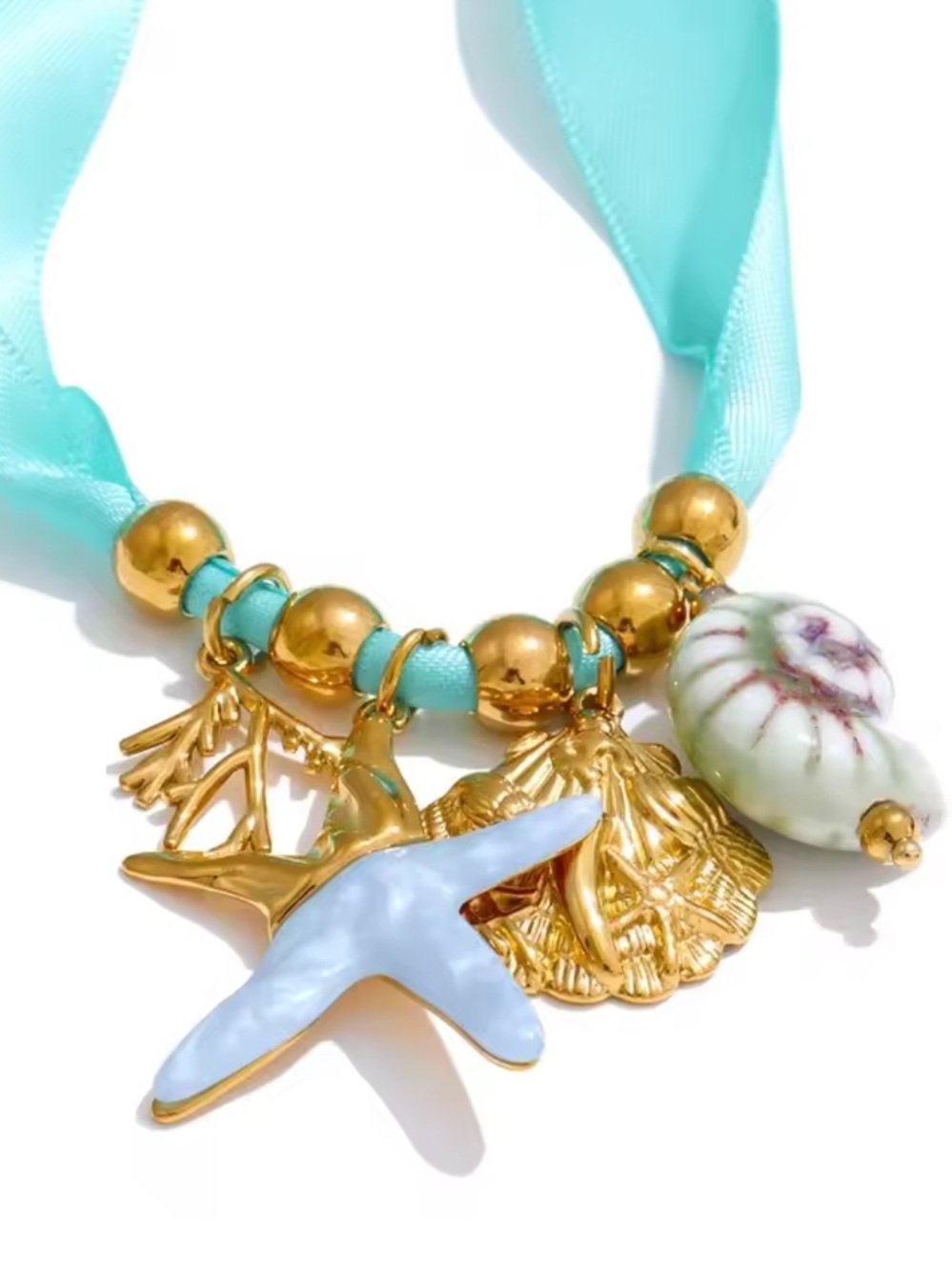 Starfish Beachy Gold Charm Saten Choker Necklace - Picture 3 of 4
